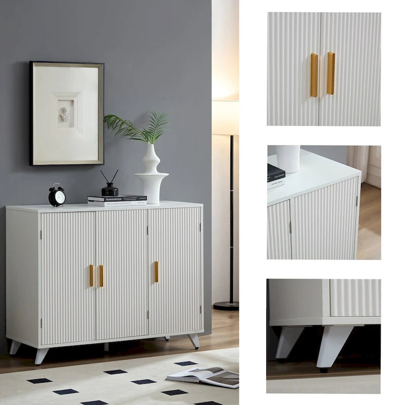 Sideboard with wavy texture buffet cabinet,white accent cabinet with door, modern bookcase for kitchen living room, entrance way