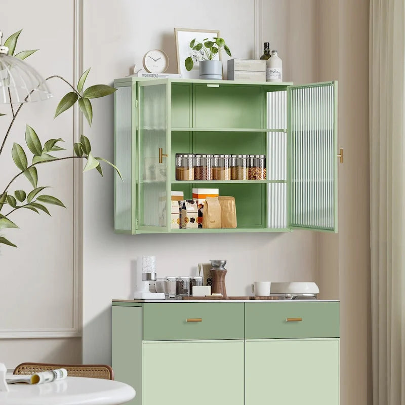 27.56Glass Doors Modern Two-door Wall Cabinet with Featuring Three-tier Storage for Entryway Living Room Bathroom Dining Room