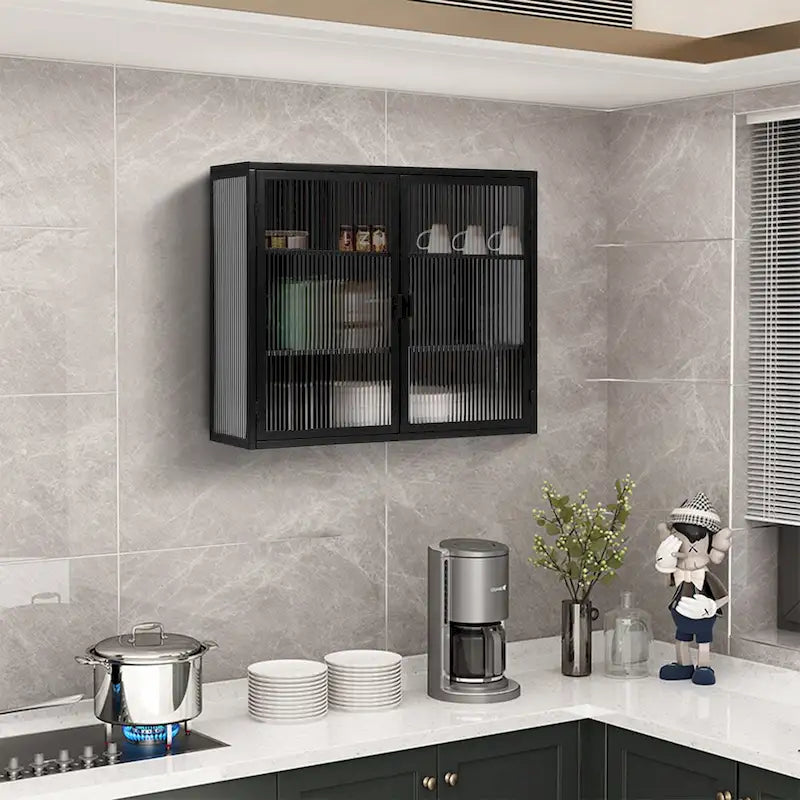 27.56Glass Doors Modern Two-door Wall Cabinet with Featuring Three-tier Storage for Entryway Living Room Bathroom Dining Room