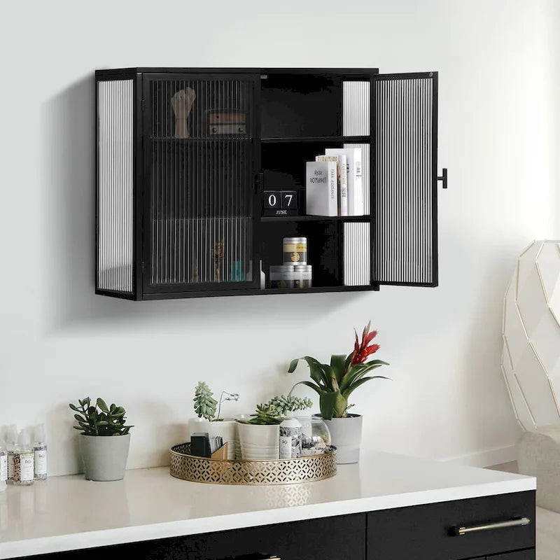 27.56Glass Doors Modern Two-door Wall Cabinet with Featuring Three-tier Storage for Entryway Living Room Bathroom Dining Room
