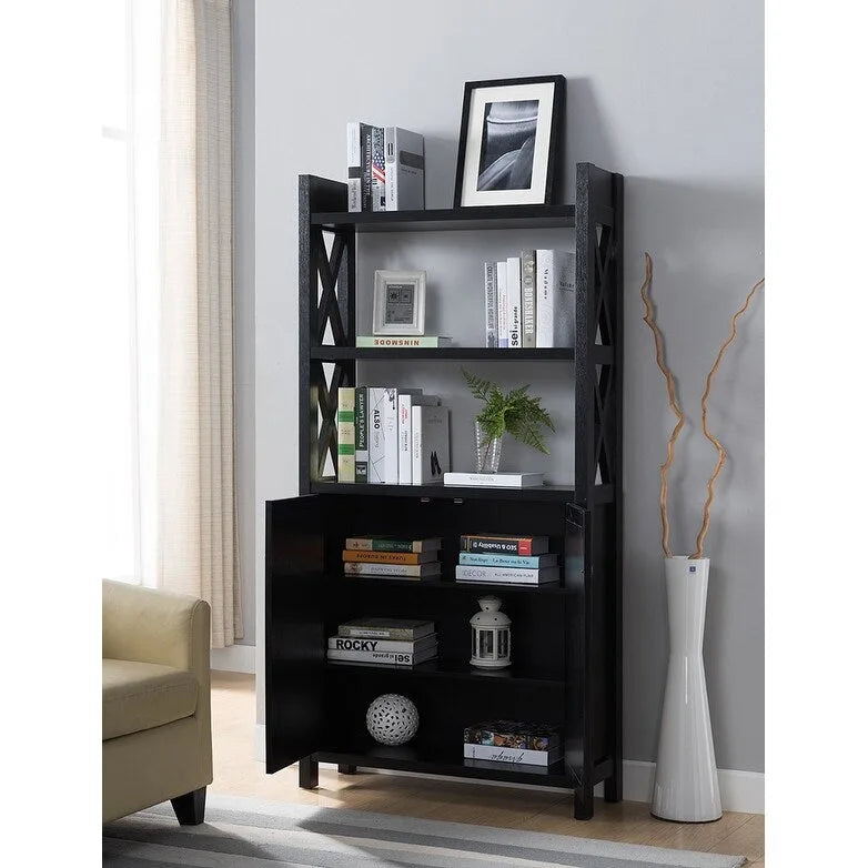 Crosshatch Display, Home Storage Cabinet with Two Top Shelves, Two Door Cabinet in Black