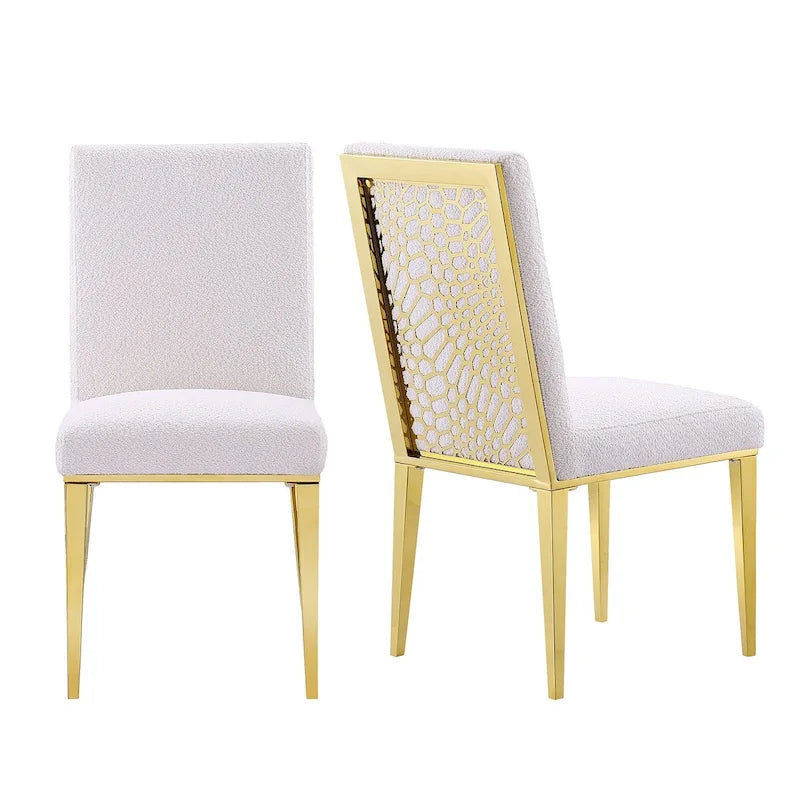 Luxurious White Boucle Dining Chairs with Polished Gold Metal Legs