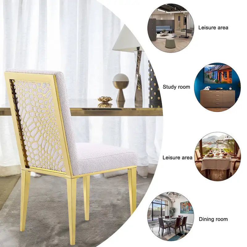 Luxurious White Boucle Dining Chairs with Polished Gold Metal Legs