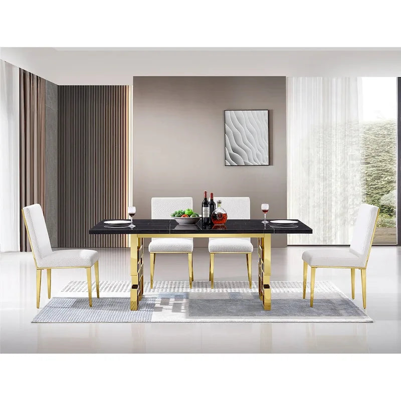 Luxurious White Boucle Dining Chairs with Polished Gold Metal Legs