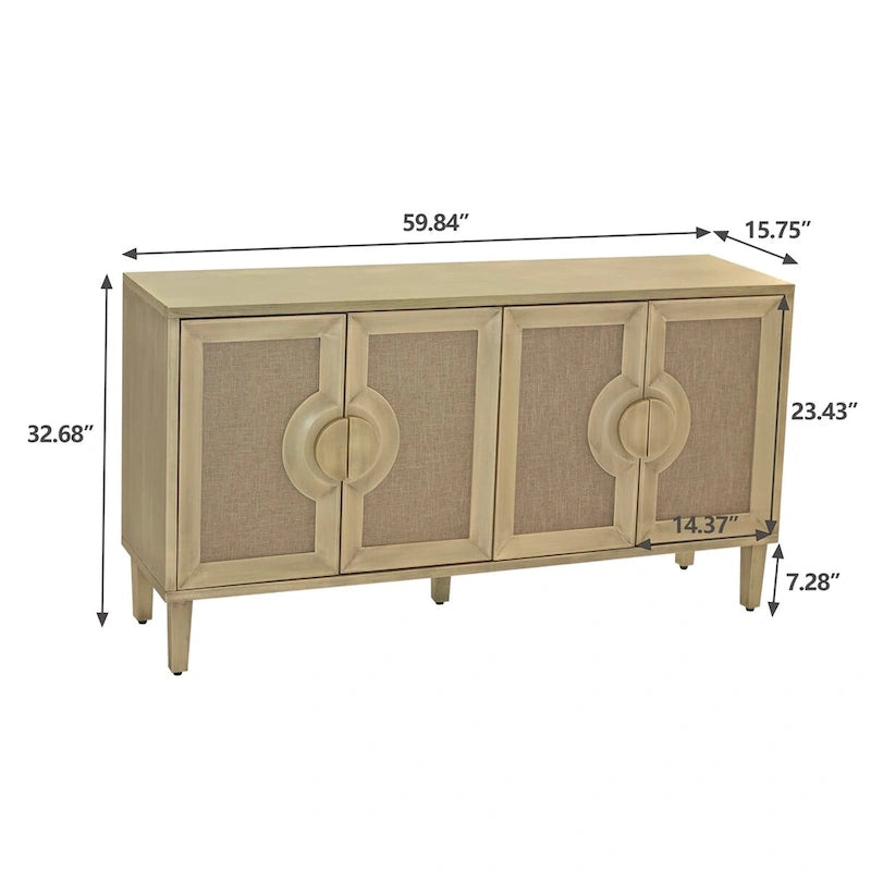 59.84 Elegant Vintage 4-Door Cabinet with Linen Decorated Doors