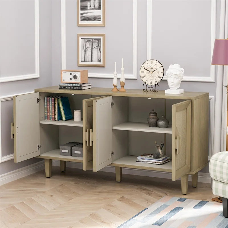 59.84 Elegant Vintage 4-Door Cabinet with Linen Decorated Doors