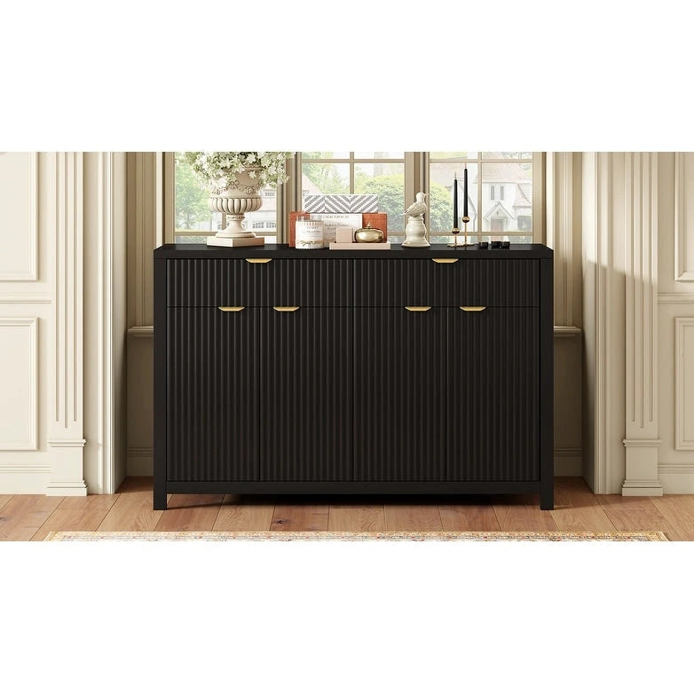 55 Modern Wave-Pattern Sideboard Cabinet Sofa Table with 2 Drawers and 4 Doors, 3-Level Adjustable Shelves