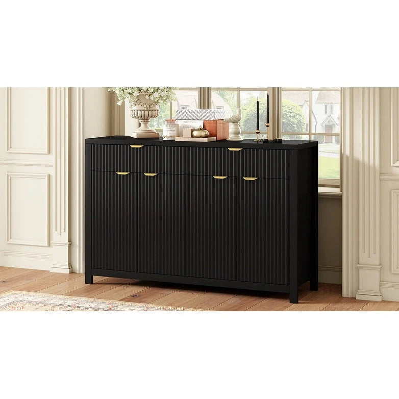 55 Modern Wave-Pattern Sideboard Cabinet Sofa Table with 2 Drawers and 4 Doors, 3-Level Adjustable Shelves