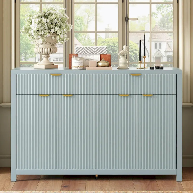 55 Modern Wave-Pattern Sideboard Cabinet Sofa Table with 2 Drawers and 4 Doors, 3-Level Adjustable Shelves