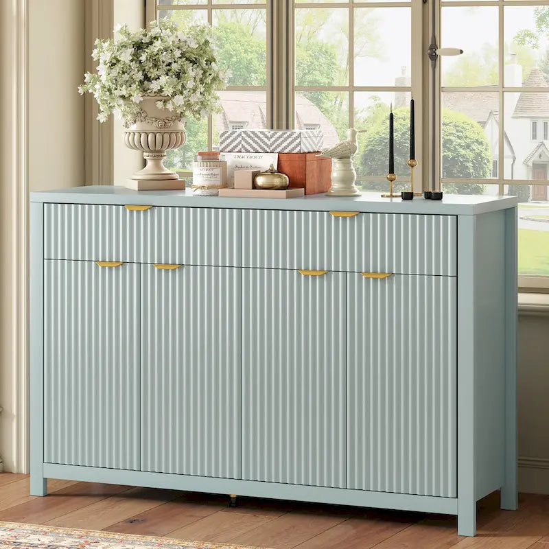 55 Modern Wave-Pattern Sideboard Cabinet Sofa Table with 2 Drawers and 4 Doors, 3-Level Adjustable Shelves
