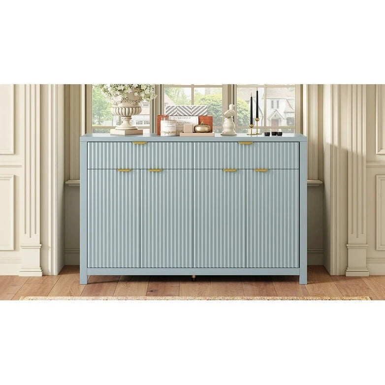 55 Modern Wave-Pattern Sideboard Cabinet Sofa Table with 2 Drawers and 4 Doors, 3-Level Adjustable Shelves
