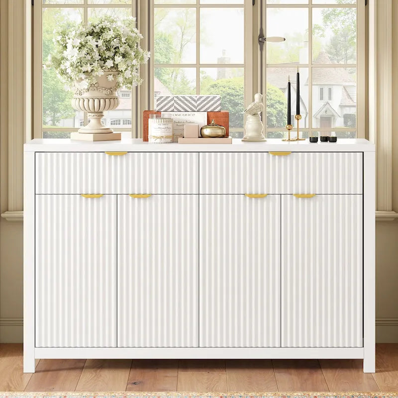 55 Modern Wave-Pattern Sideboard Cabinet Sofa Table with 2 Drawers and 4 Doors, 3-Level Adjustable Shelves