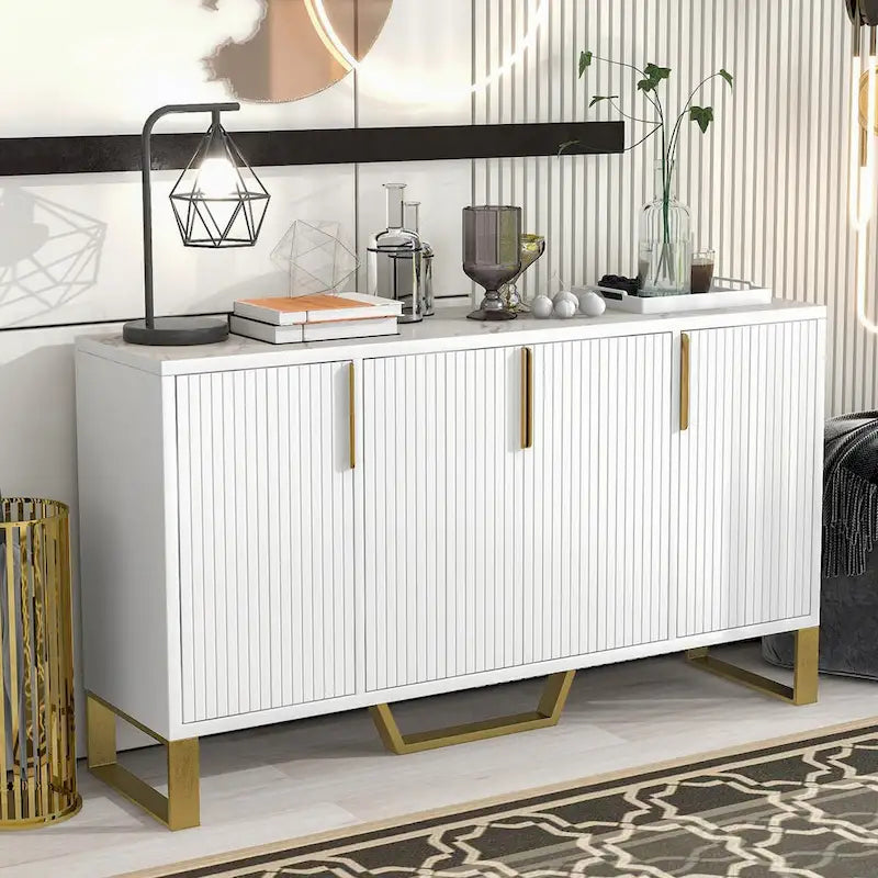 Kitchen Sideboard Cabinet with 4 Doors, Meta handles, Legs and Adjustable Shelves - 60L x 15.7W x 34H