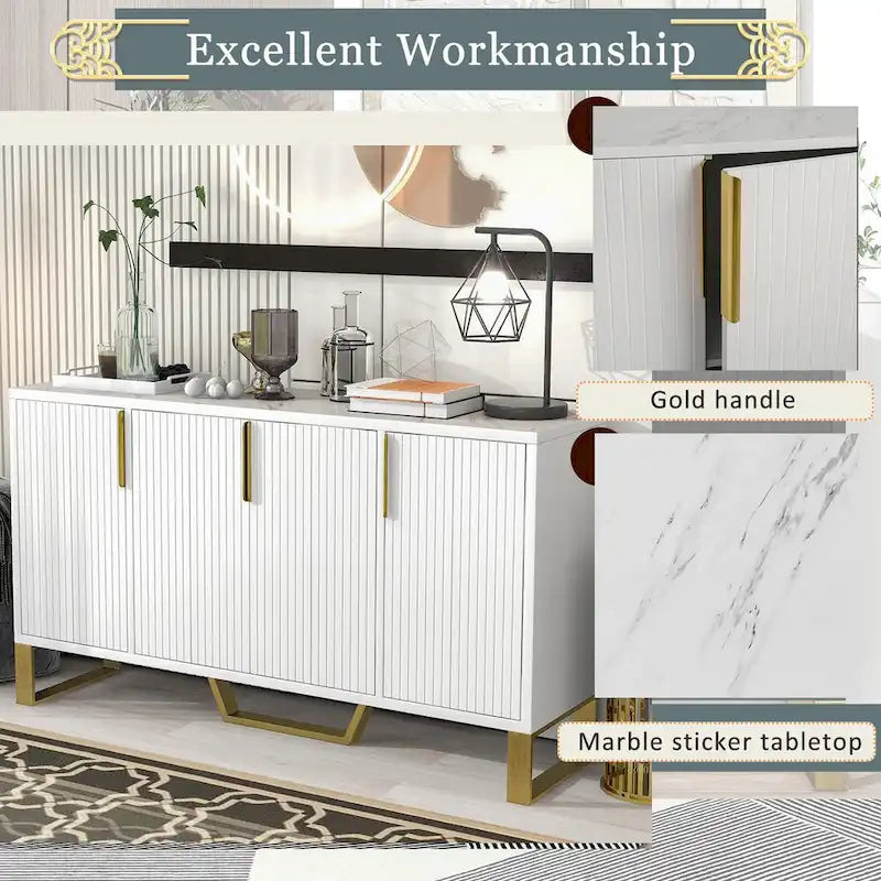 Kitchen Sideboard Cabinet with 4 Doors, Meta handles, Legs and Adjustable Shelves - 60L x 15.7W x 34H