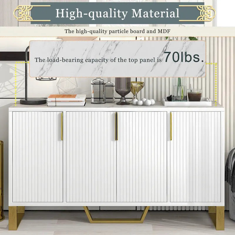 Kitchen Sideboard Cabinet with 4 Doors, Meta handles, Legs and Adjustable Shelves - 60L x 15.7W x 34H
