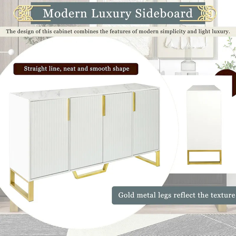 Kitchen Sideboard Cabinet with 4 Doors, Meta handles, Legs and Adjustable Shelves - 60L x 15.7W x 34H