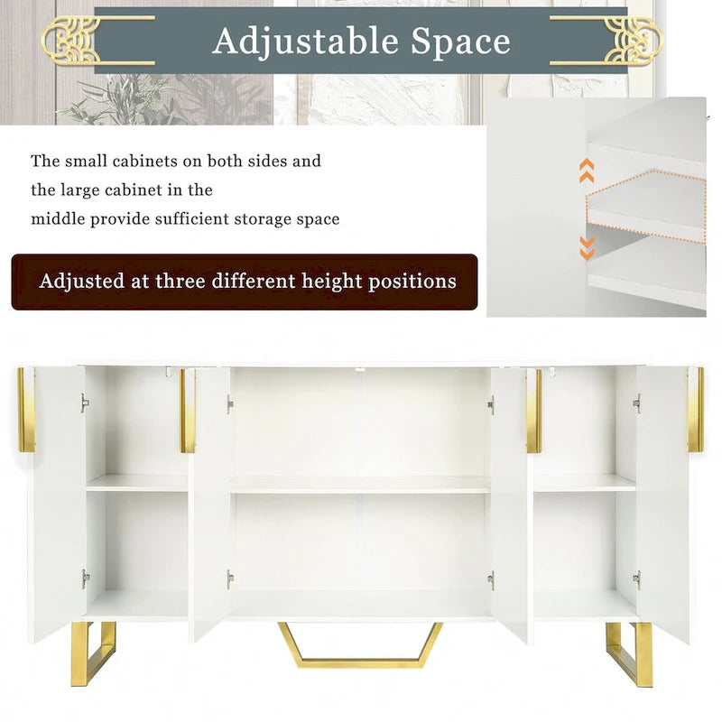Kitchen Sideboard Cabinet with 4 Doors, Meta handles, Legs and Adjustable Shelves - 60L x 15.7W x 34H