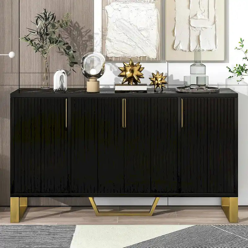 Kitchen Sideboard Cabinet with 4 Doors, Meta handles, Legs and Adjustable Shelves - 60L x 15.7W x 34H