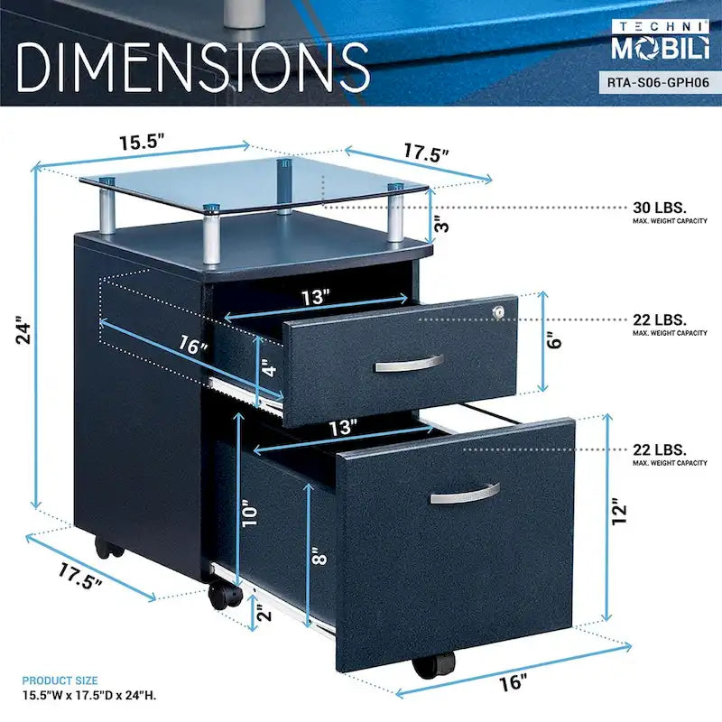 Rolling File Cabinet with Glass Top, High quality and durable,Graphite