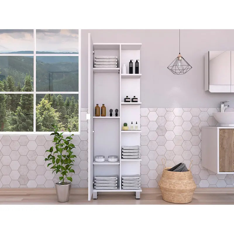 Corner Cabinet Womppi, Five Open Shelves, Single Door, White Finish,High quality and durable