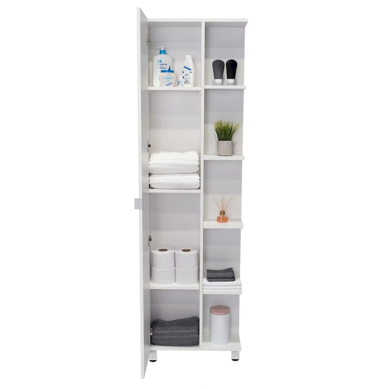 Corner Cabinet Womppi, Five Open Shelves, Single Door, White Finish,High quality and durable