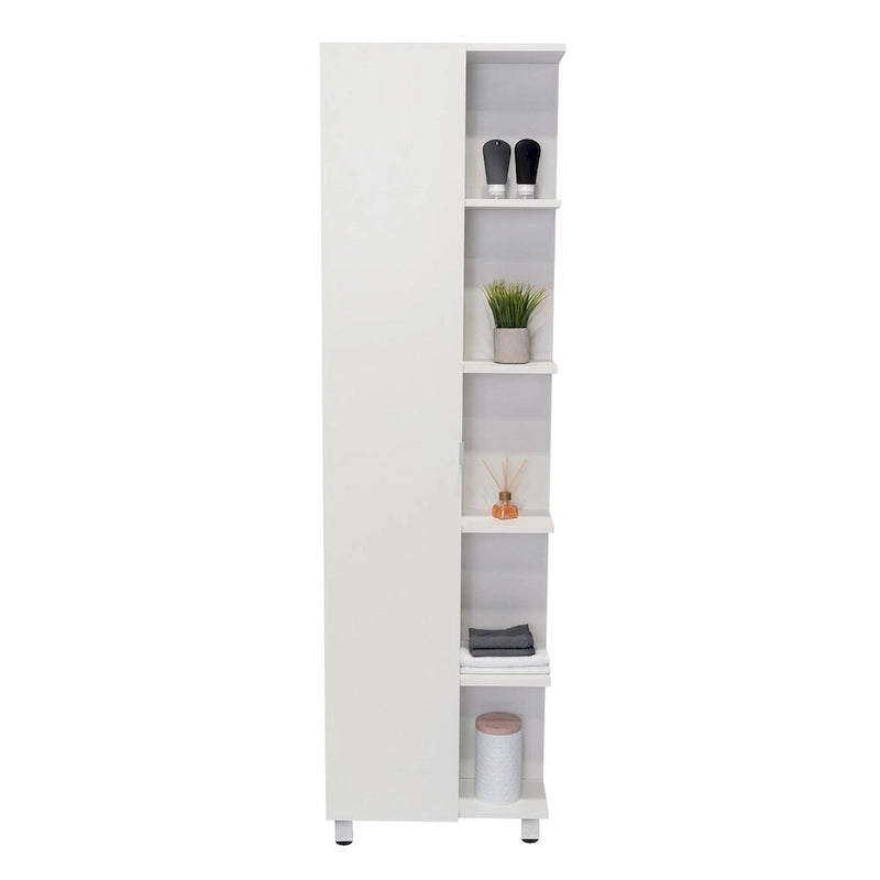 Corner Cabinet Womppi, Five Open Shelves, Single Door, White Finish,High quality and durable