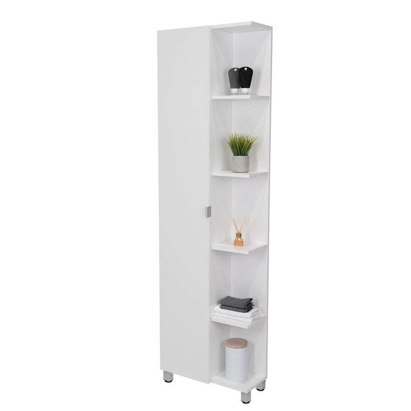 Corner Cabinet Womppi, Five Open Shelves, Single Door, White Finish,High quality and durable