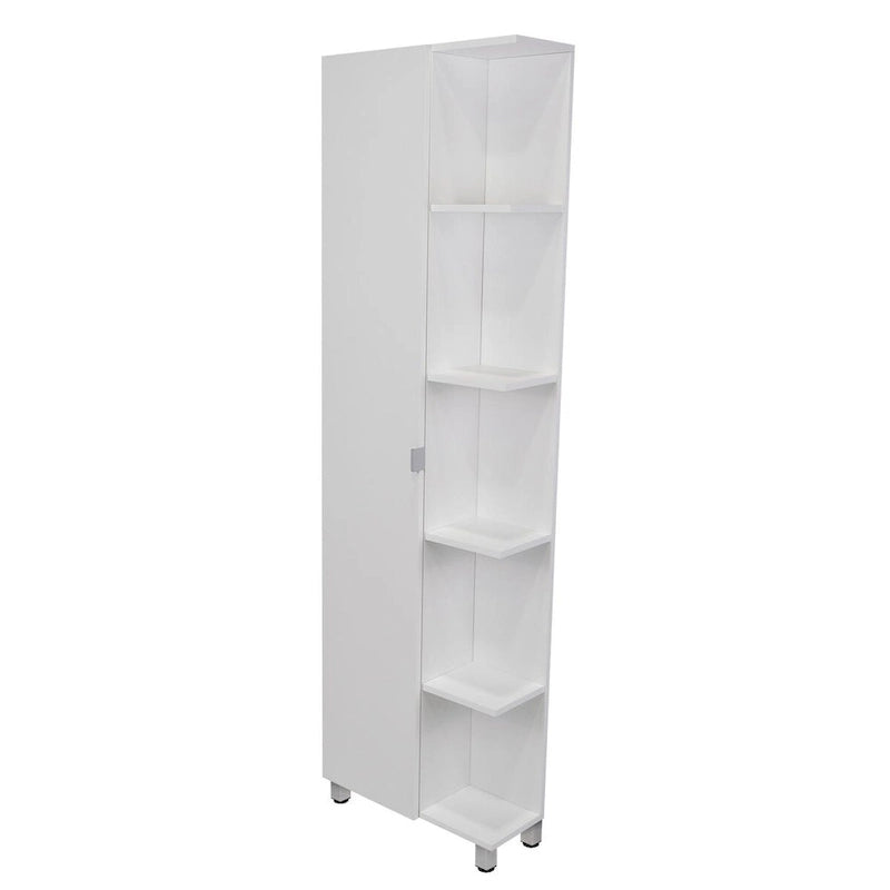 Corner Cabinet Womppi, Five Open Shelves, Single Door, White Finish,High quality and durable