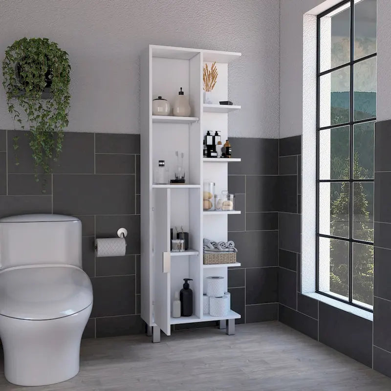Linen 63-inch High Bathroom Cabinet Linen Storage Cabinet with Seven Open Shelves