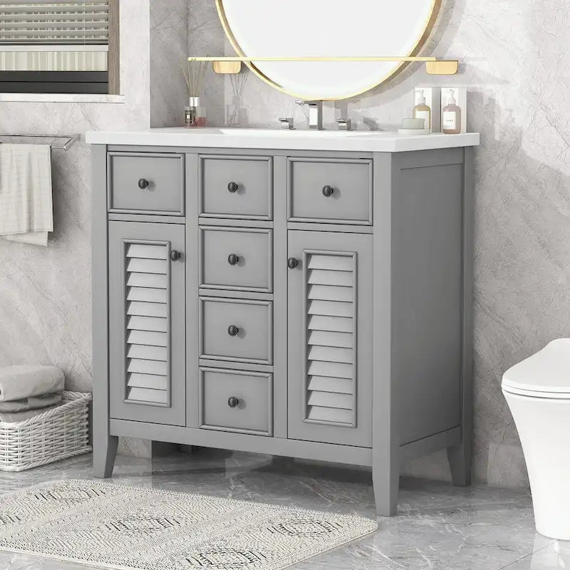Bathroom Vanity with Ceramic Basin, Two Cabinets and Five Drawers