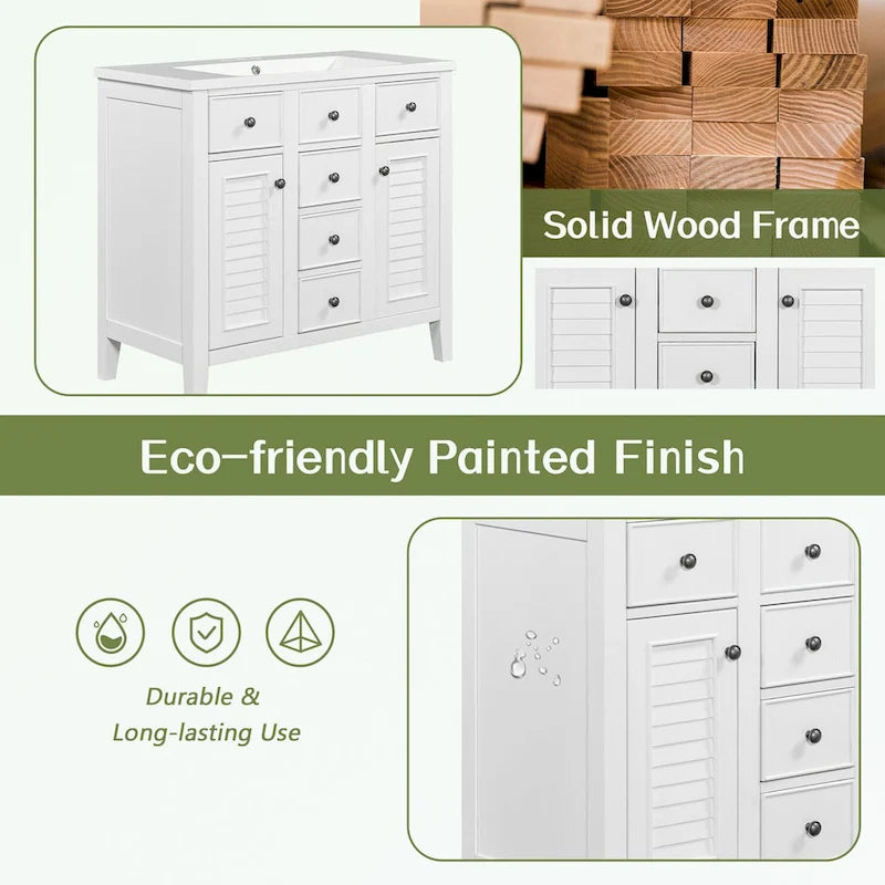 Bathroom Vanity with Ceramic Basin, Two Cabinets and Five Drawers