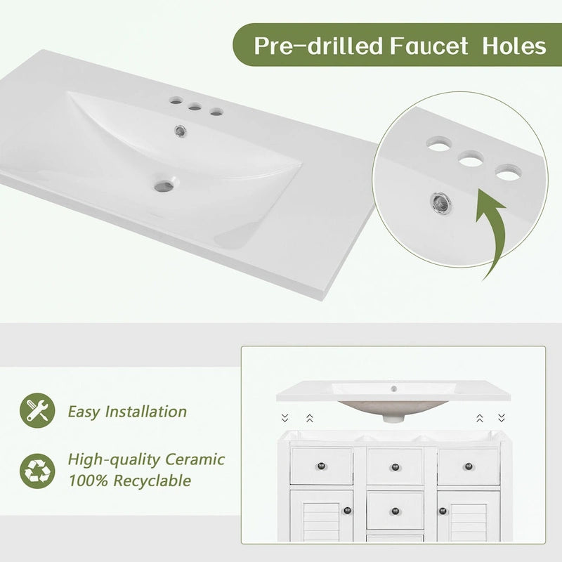 Bathroom Vanity with Ceramic Basin, Two Cabinets and Five Drawers