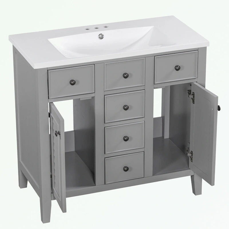 Bathroom Vanity with Ceramic Basin, Two Cabinets and Five Drawers