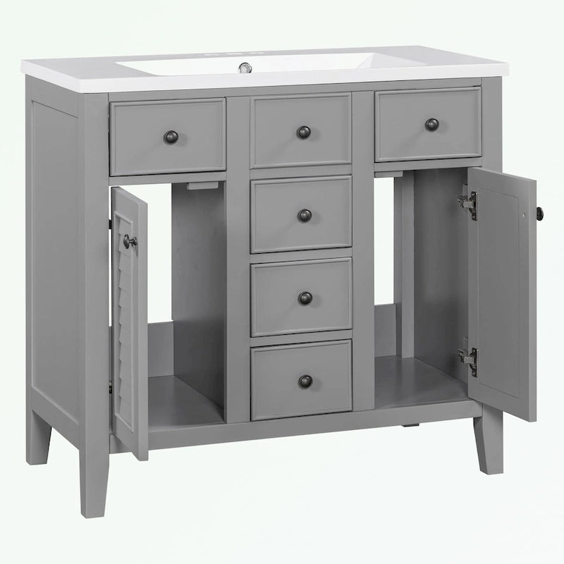 Bathroom Vanity with Ceramic Basin, Two Cabinets and Five Drawers