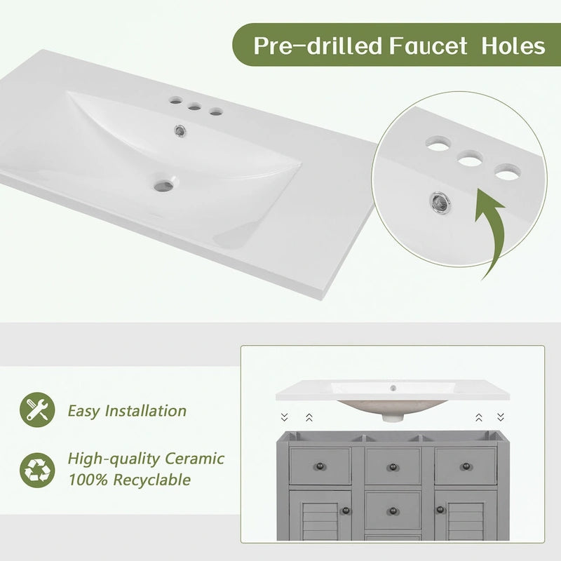 Bathroom Vanity with Ceramic Basin, Two Cabinets and Five Drawers