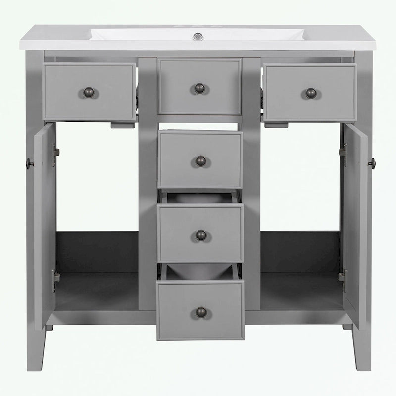 Bathroom Vanity with Ceramic Basin, Two Cabinets and Five Drawers