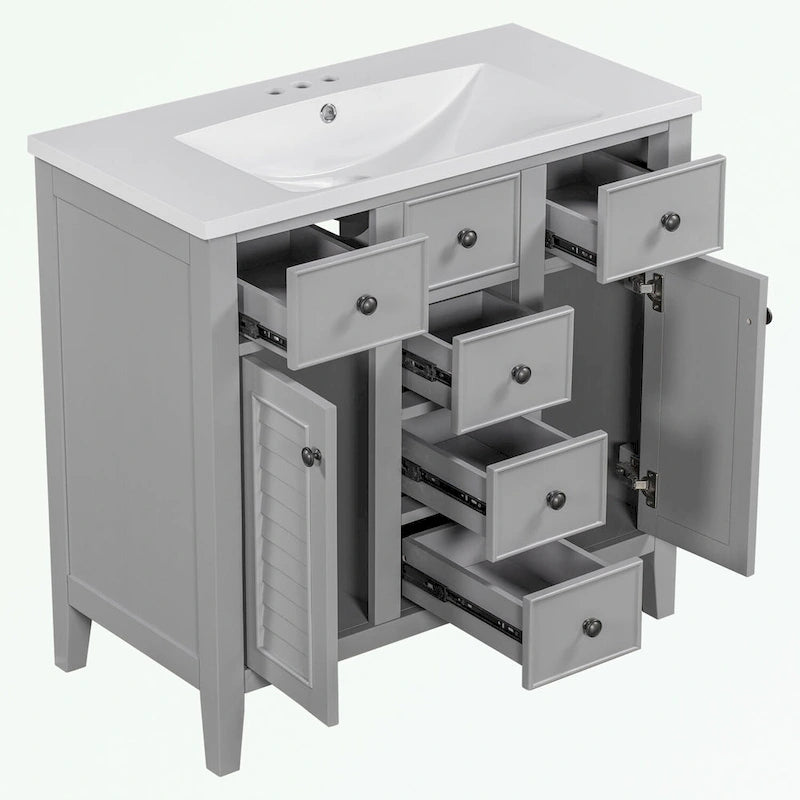 Bathroom Vanity with Ceramic Basin, Two Cabinets and Five Drawers