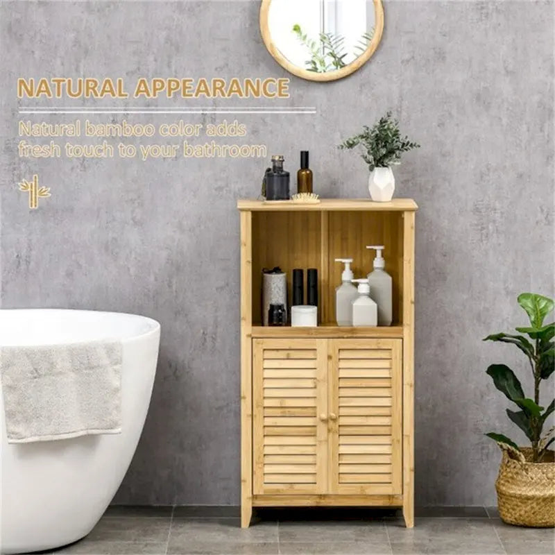 Anti-Toppling Bamboo Bathroom Floor Cabinet with Shelf and Footpad - N/A