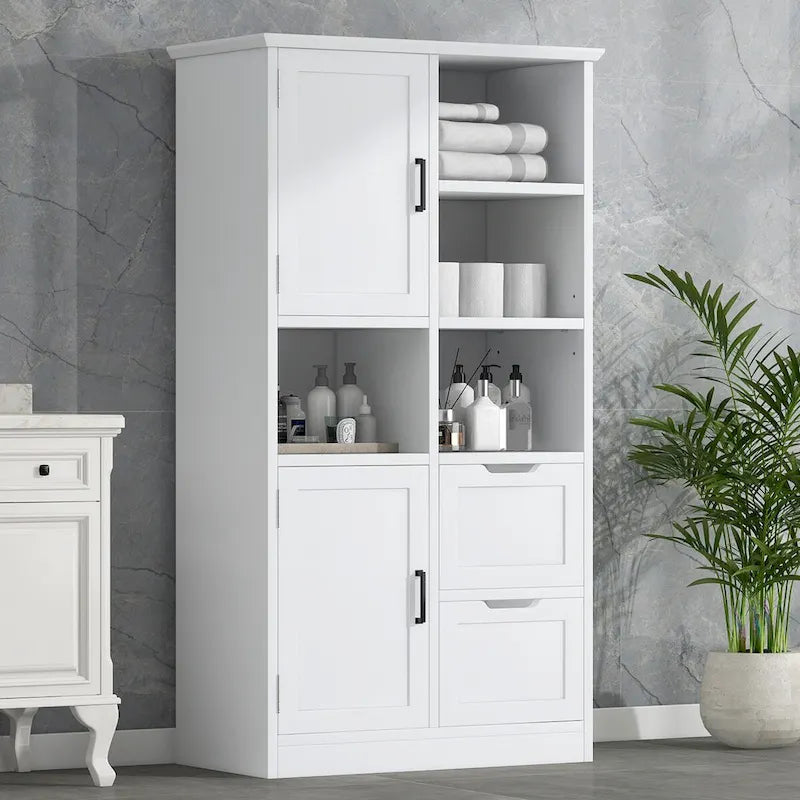 Bathroom Storage Cabinet with Doors and Drawers Multiple Storage Space Freestanding Style Open Shelve Adjustable Shelf White