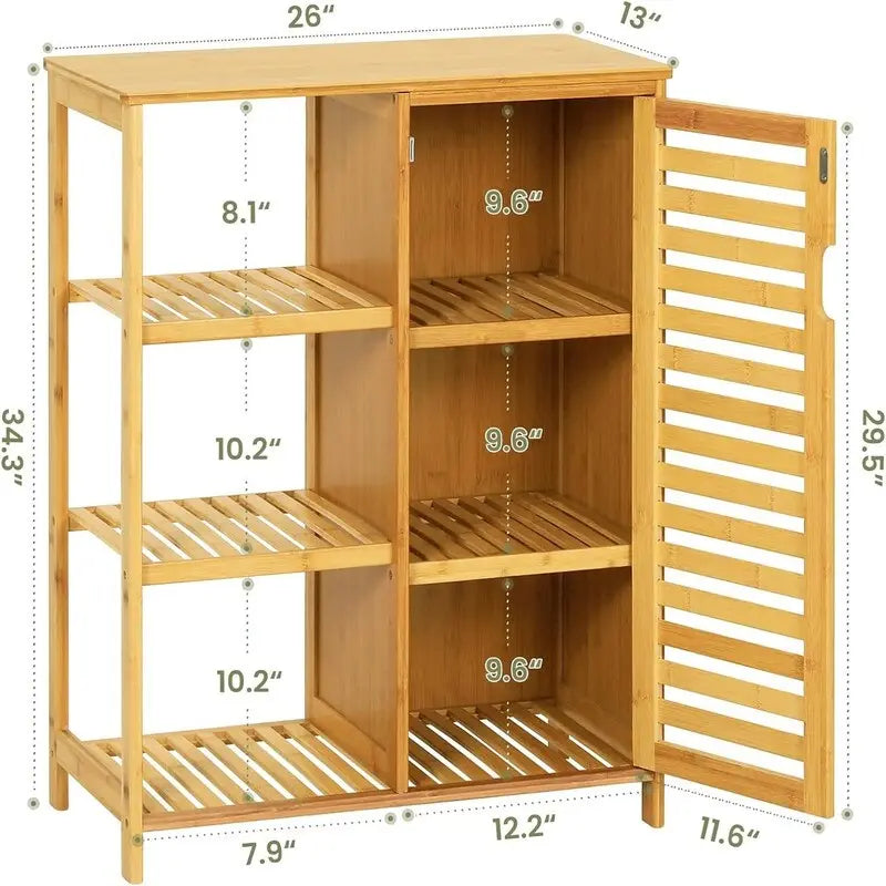 Bathroom Cabinet Bamboo Storage Cabinet with Doors and 3 Side Shelves - 6.3D x 14.4W x 36H