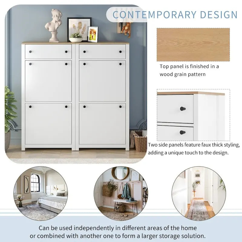 Wood Pattern Top Shoe Cabinet with Flip Drawers and Adjustable Panel