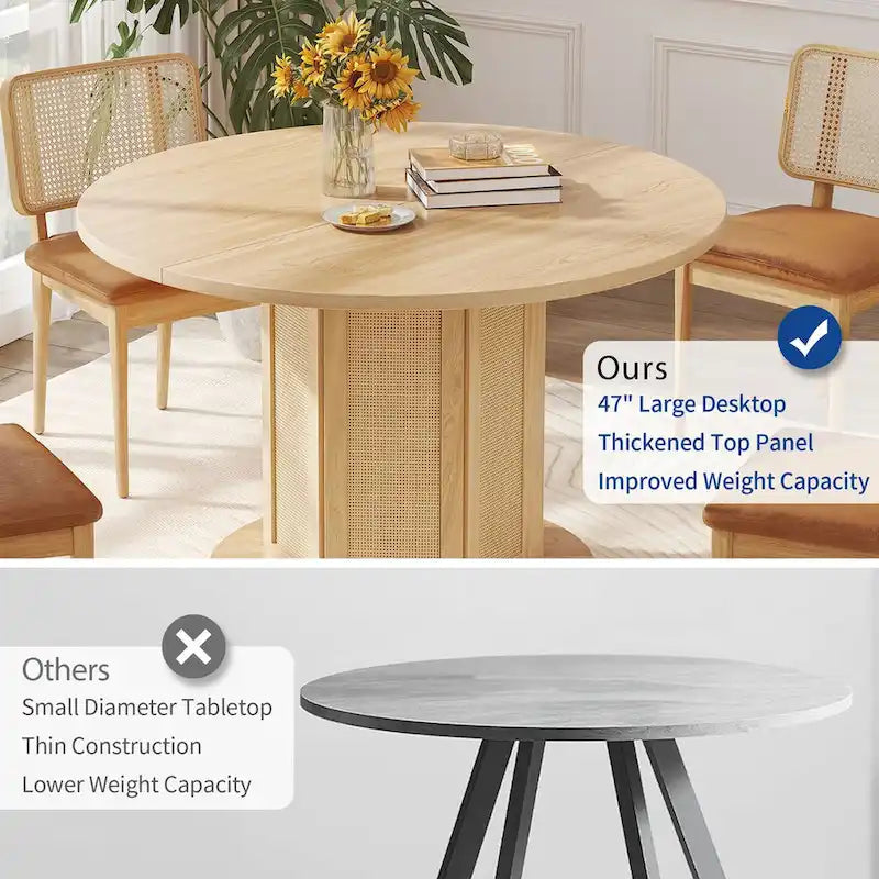 Moasis Farmhouse Round Pedestal Dining Table for 4 with Rattan Circular Base
