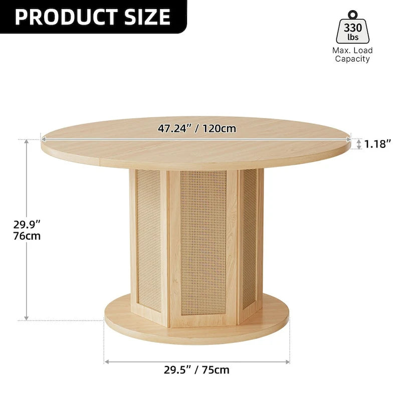 Moasis Farmhouse Round Pedestal Dining Table for 4 with Rattan Circular Base