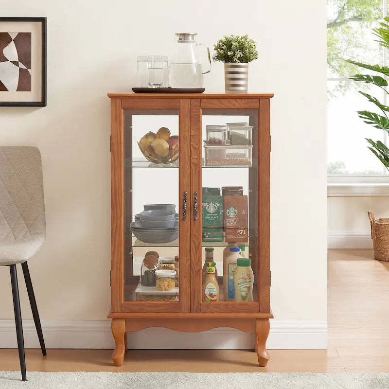 2 Doors Curio Cabinet with Tempered Glass Doors, Mirrored Back Panel and Adjustable Shelves, Office Light Bulb Included