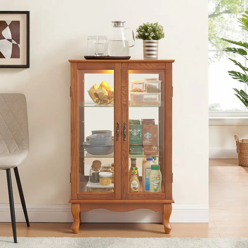 2 Doors Curio Cabinet with Tempered Glass Doors, Mirrored Back Panel and Adjustable Shelves, Office Light Bulb Included