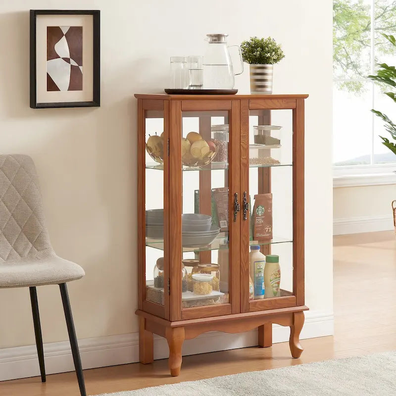 2 Doors Curio Cabinet with Tempered Glass Doors, Mirrored Back Panel and Adjustable Shelves, Office Light Bulb Included
