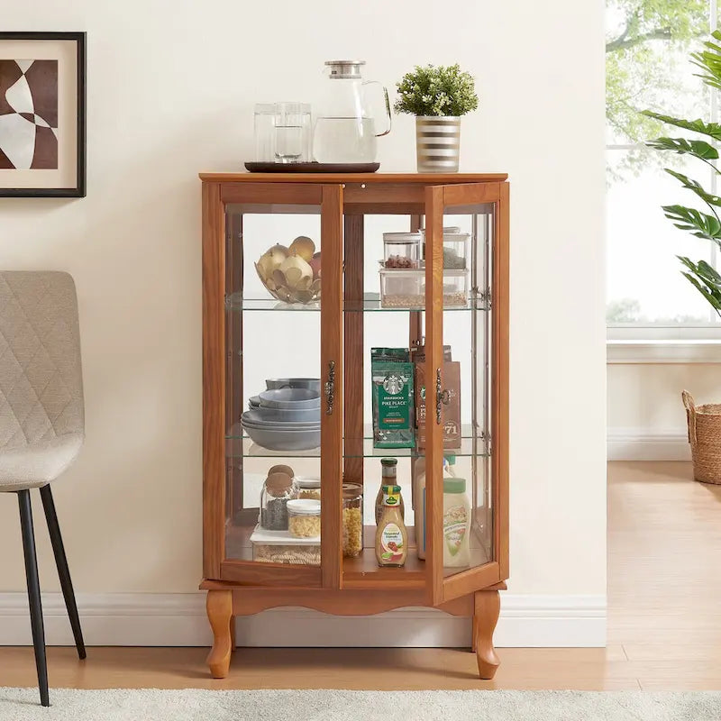 2 Doors Curio Cabinet with Tempered Glass Doors, Mirrored Back Panel and Adjustable Shelves, Office Light Bulb Included