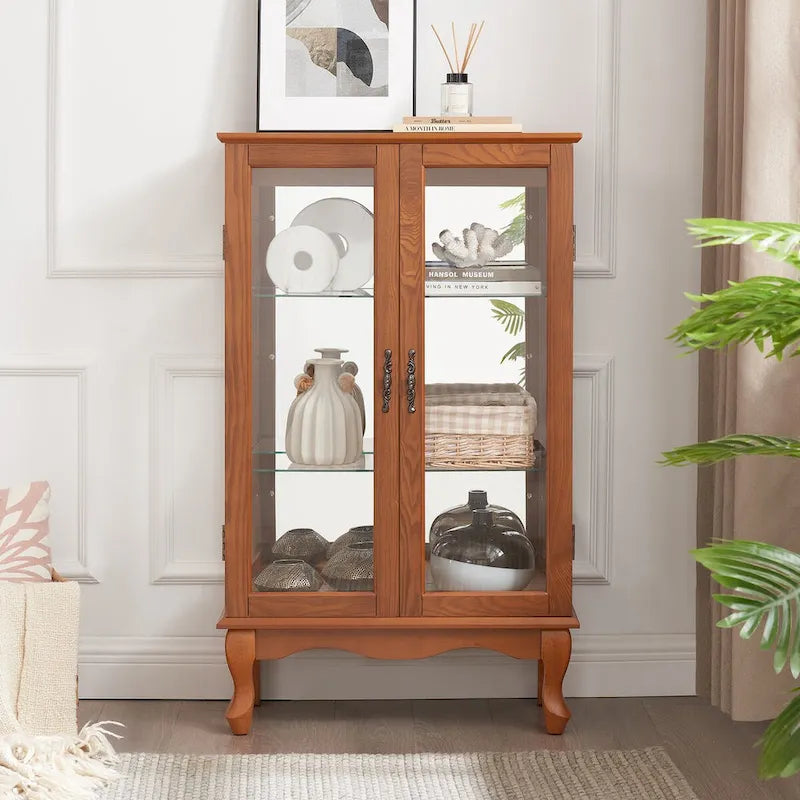 2 Doors Curio Cabinet with Tempered Glass Doors, Mirrored Back Panel and Adjustable Shelves, Office Light Bulb Included