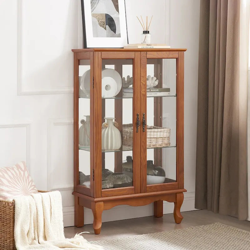 2 Doors Curio Cabinet with Tempered Glass Doors, Mirrored Back Panel and Adjustable Shelves, Office Light Bulb Included
