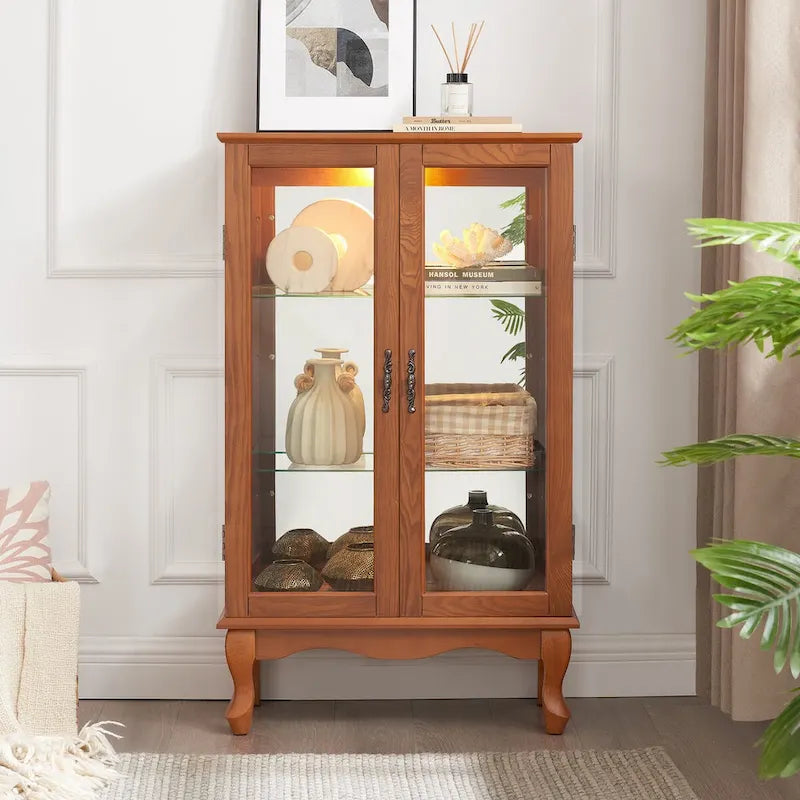 2 Doors Curio Cabinet with Tempered Glass Doors, Mirrored Back Panel and Adjustable Shelves, Office Light Bulb Included